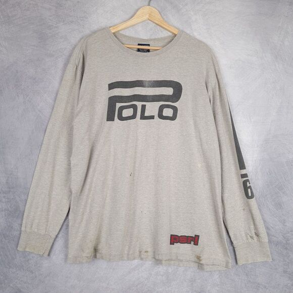 Vintage Polo Sport Ralph Lauren Shirt Mens Large Gray Logo Spellout Long Sleeve - Picture 1 of 16